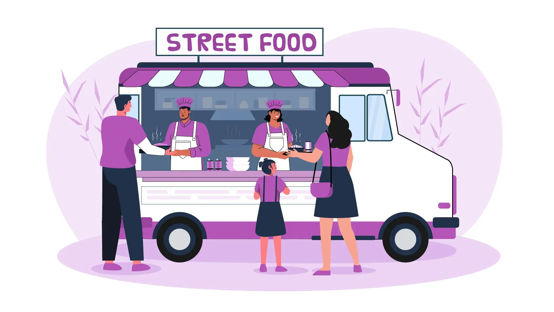 Street Food Truck Scene Vector Illustration of Vendors and Customers